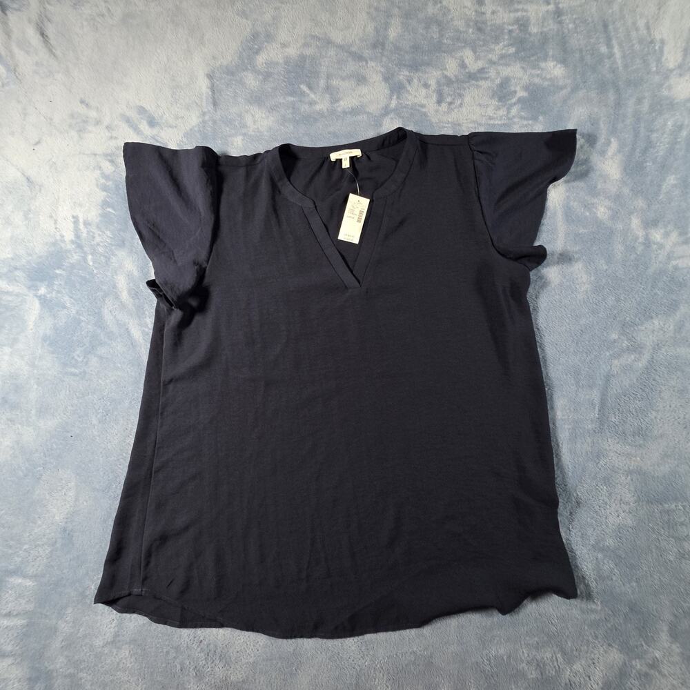 Maurices Women’s Large Navy Blue Flutter Sleeve Split Neck Blouse Top NWT